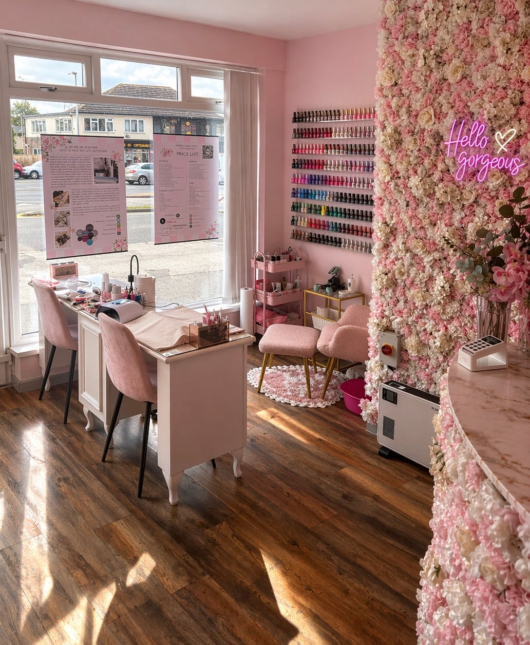 Sunlight across the manicure desk and floral salon walls