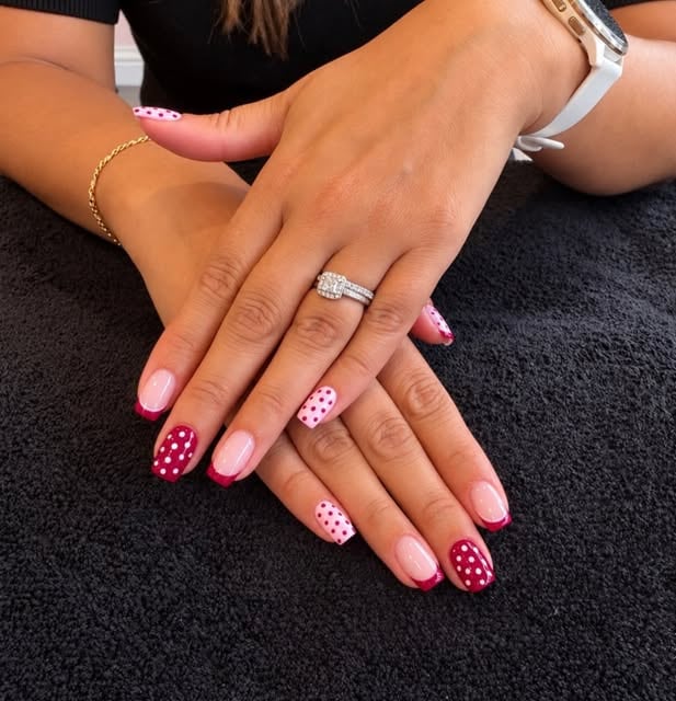 Pink and berry polka-dot manicure by Lauren